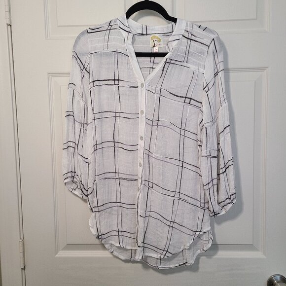Anthropologie Fig & Flower White Sheer Plaid Button-Up Top Women's Size M - Picture 1 of 6